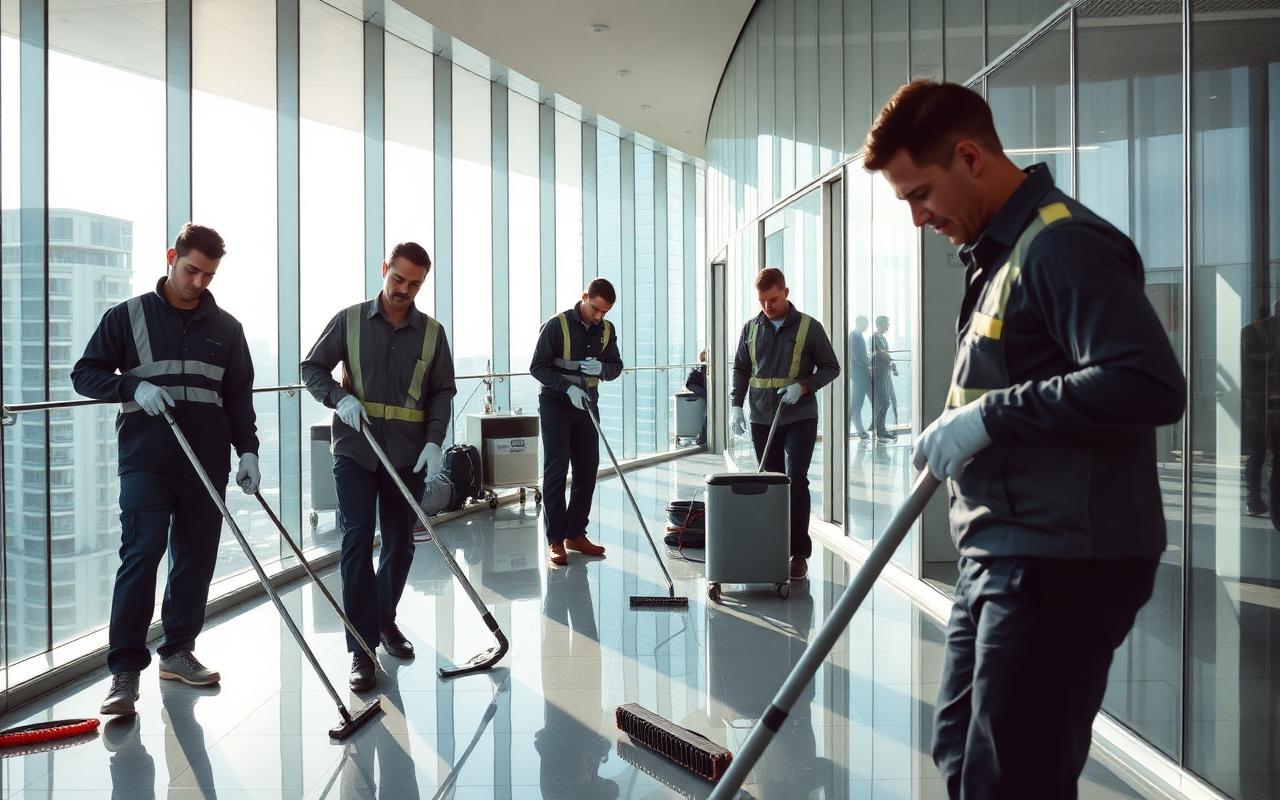 Facility management team maintaining a modern glass office tower