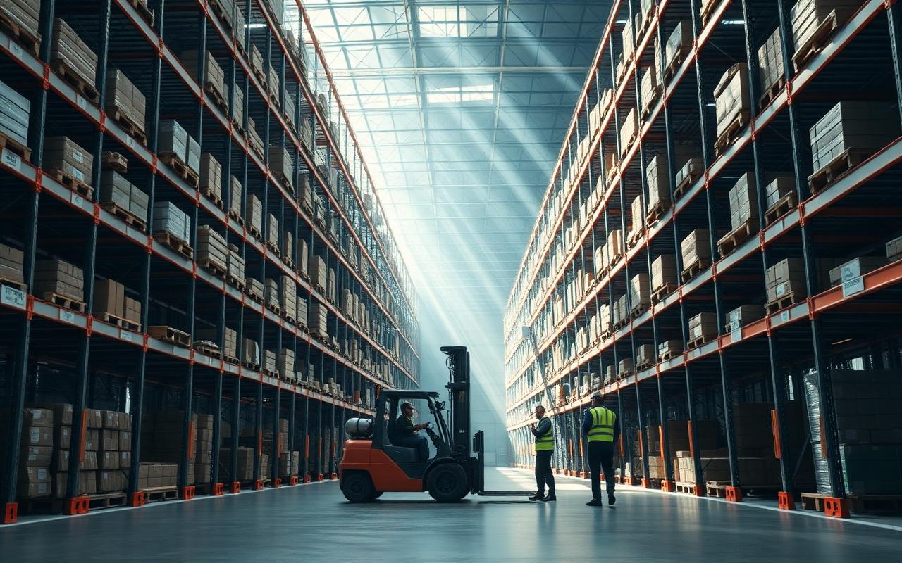 Warehouse workers and forklift operating inside a large logistics facility