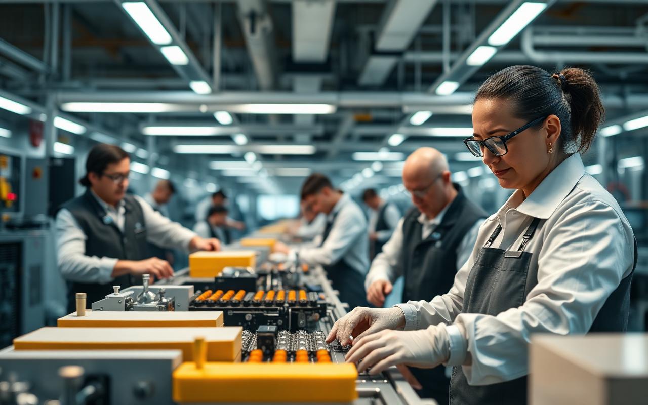 Workers on a modern manufacturing production line