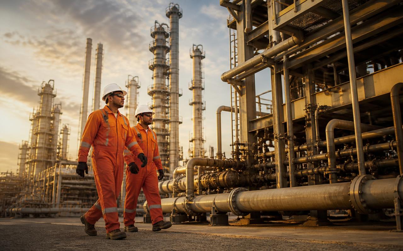Oil and gas technicians in coveralls walking past refinery pipework at sunset