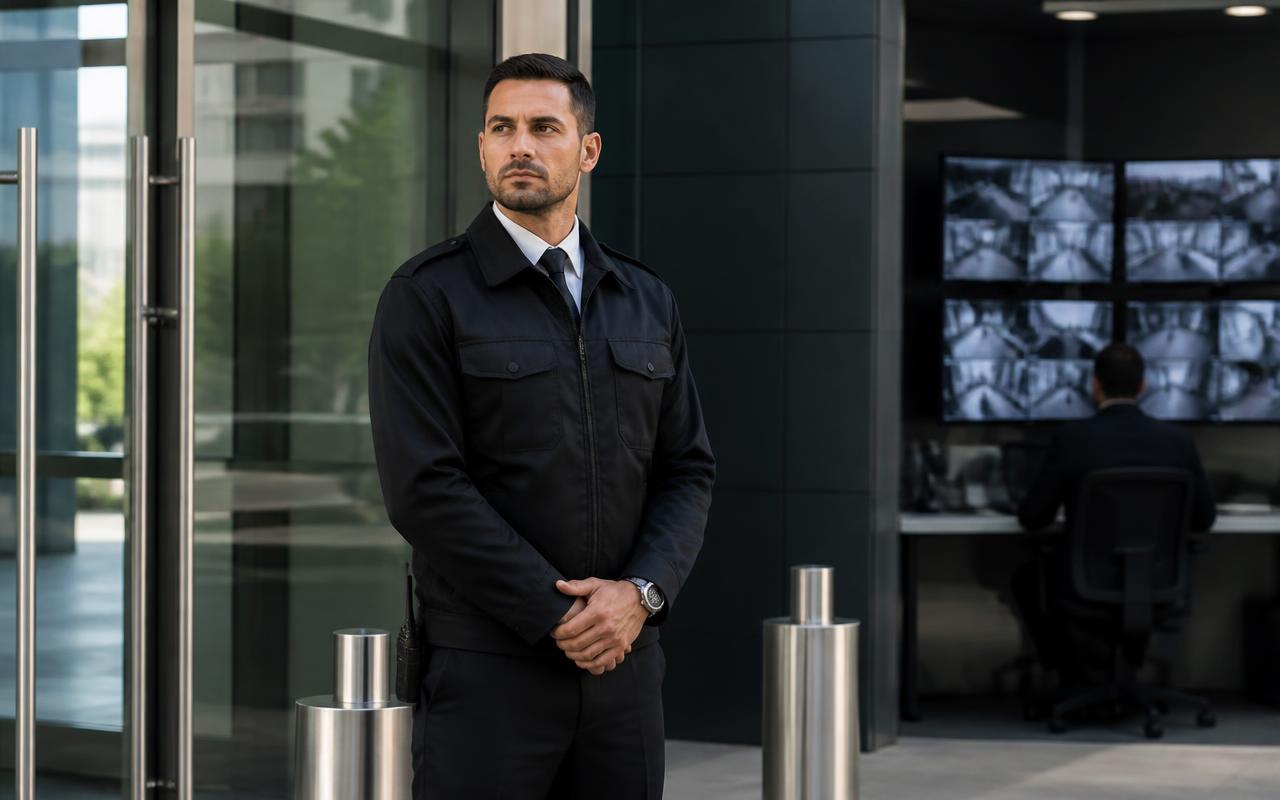 Uniformed security guard on duty at the entrance of a corporate tower