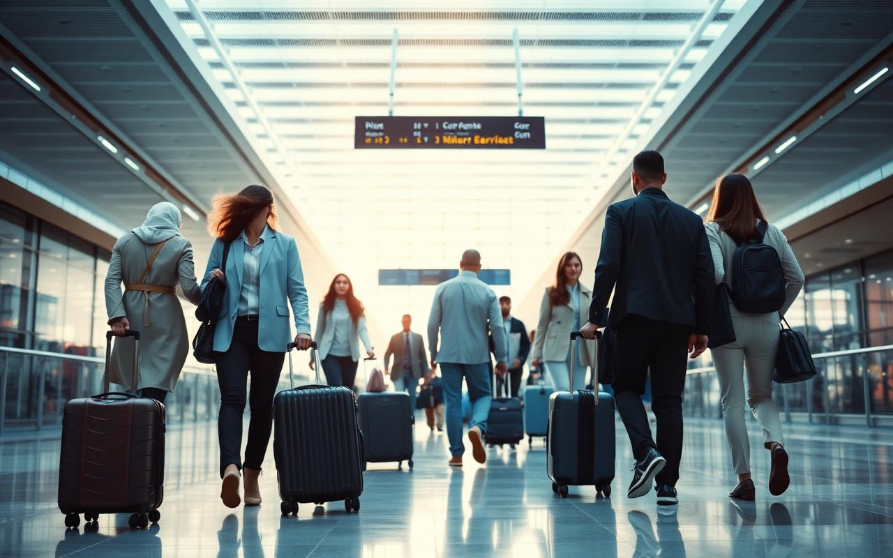 International candidates travelling through an airport terminal for overseas deployment