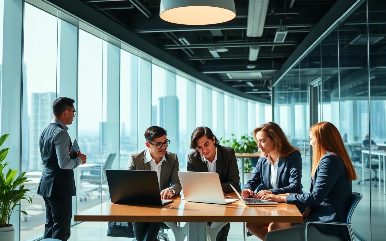 Business professionals collaborating in a modern open-plan office